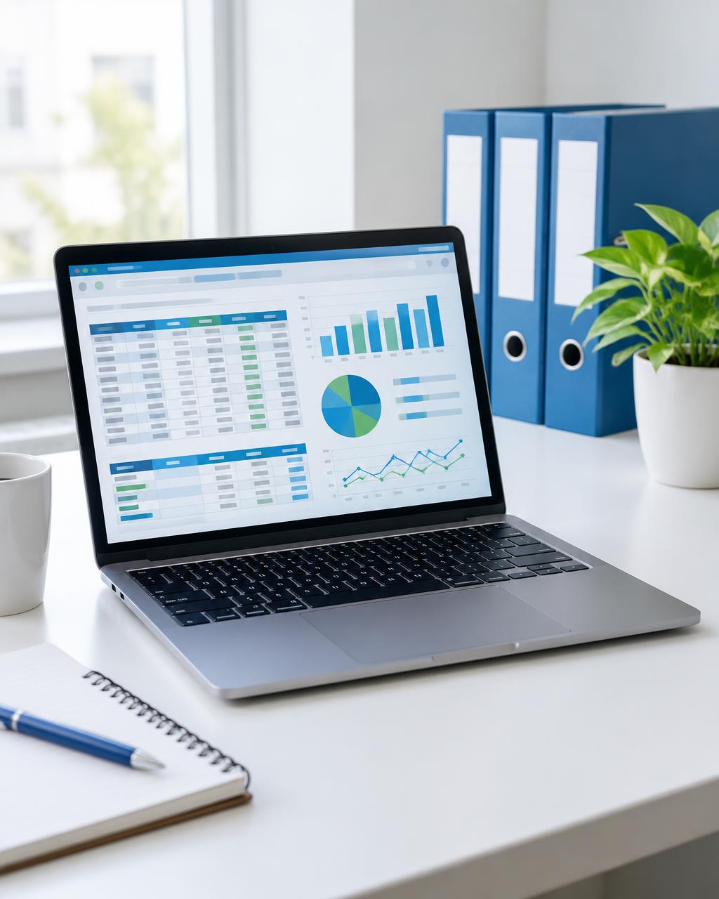 Laptop showing financial charts next to blue binders