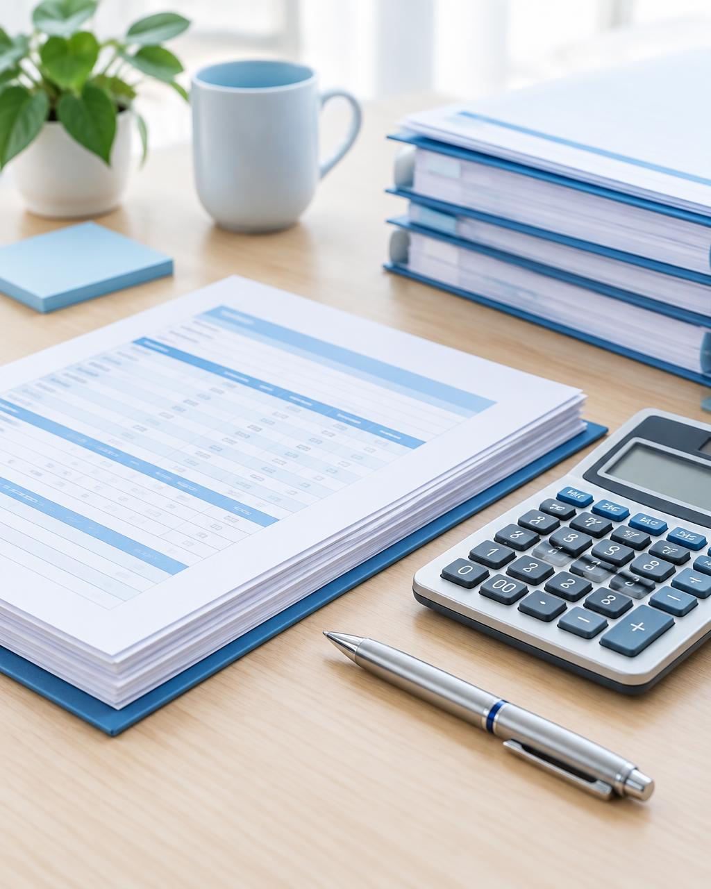 Payroll paperwork, a calculator and a pen on a desk