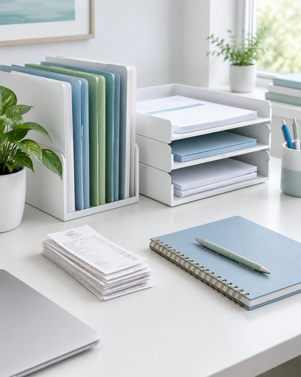 Organized file folders, document trays and receipts on a desk